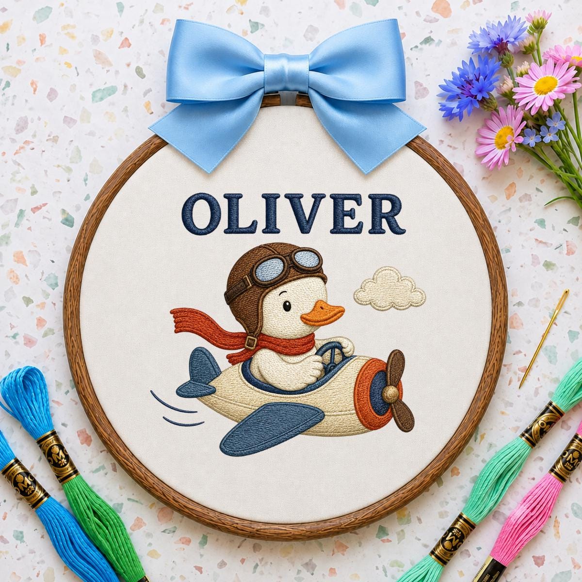 Personalized Aviator Duck Airplane Oval Hoop Art, Custom Name Embroidered Pilot Duckling Vintage Plane Boy Nursery Wall Hanging Sign