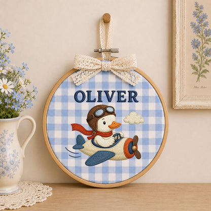 Personalized Aviator Duck Airplane Oval Hoop Art, Custom Name Embroidered Pilot Duckling Vintage Plane Boy Nursery Wall Hanging Sign