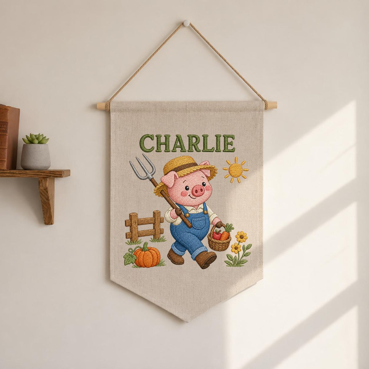 Embroidered Farm Pig Wall Art with Custom Name Charlie - Personalized Animal Decor - Baby Boy Nursery Hanging Canvas Sign