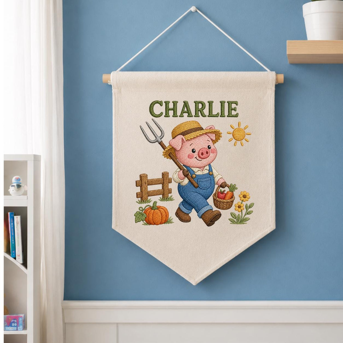 Embroidered Farm Pig Wall Art with Custom Name Charlie - Personalized Animal Decor - Baby Boy Nursery Hanging Canvas Sign