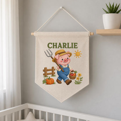 Embroidered Farm Pig Wall Art with Custom Name Charlie - Personalized Animal Decor - Baby Boy Nursery Hanging Canvas Sign