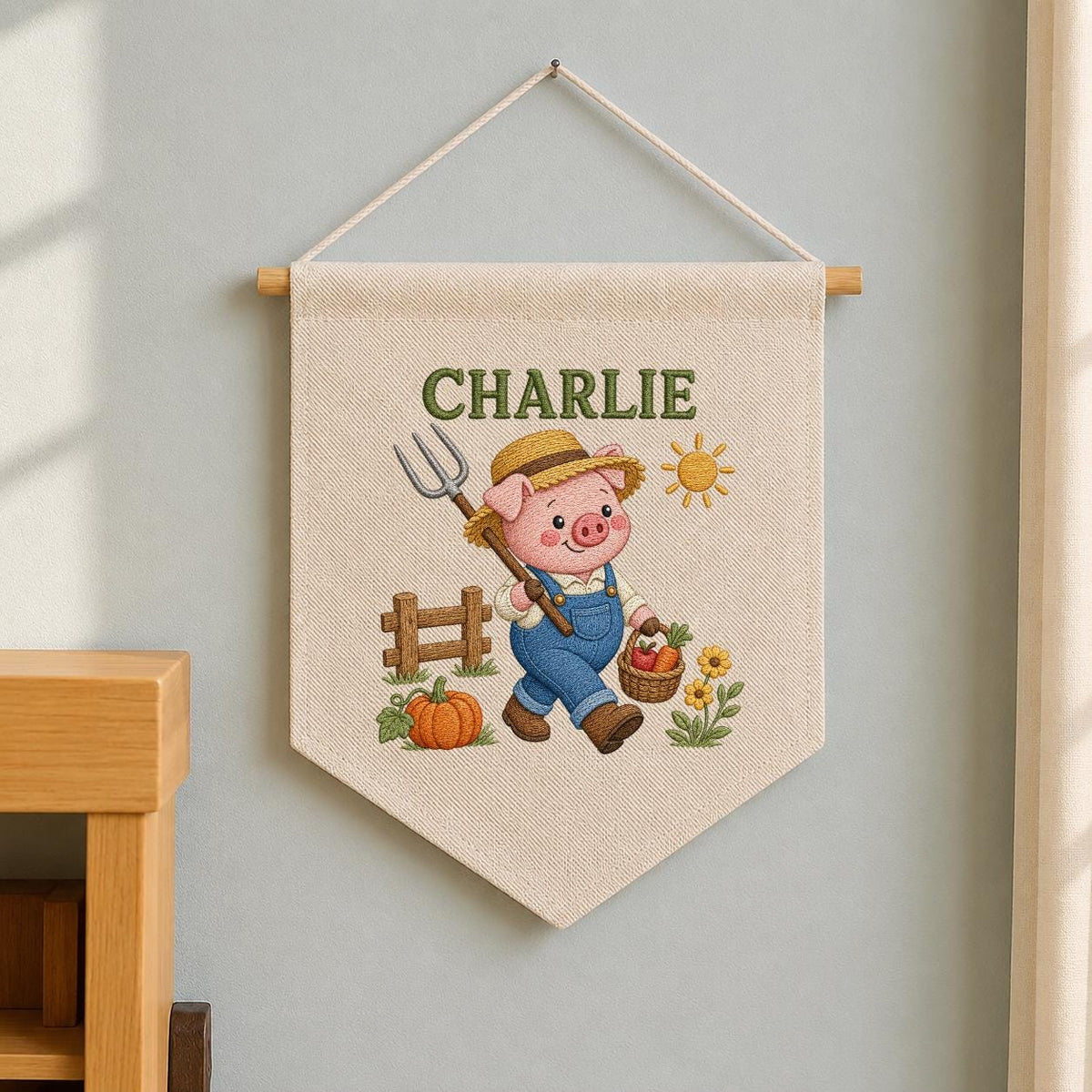 Embroidered Farm Pig Wall Art with Custom Name Charlie - Personalized Animal Decor - Baby Boy Nursery Hanging Canvas Sign