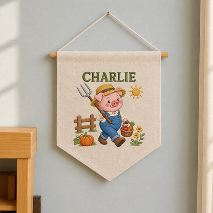 Embroidered Farm Pig Wall Art with Custom Name Charlie - Personalized Animal Decor - Baby Boy Nursery Hanging Canvas Sign