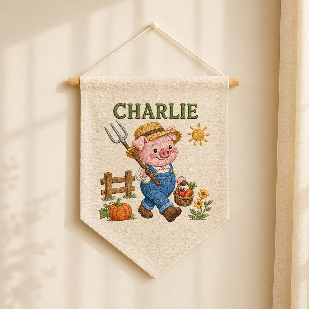 Embroidered Farm Pig Wall Art with Custom Name Charlie - Personalized Animal Decor - Baby Boy Nursery Hanging Canvas Sign