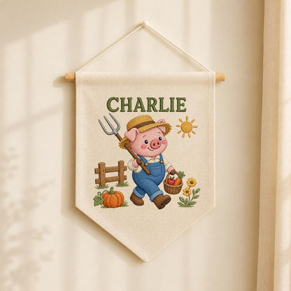 Embroidered Farm Pig Wall Art with Custom Name Charlie - Personalized Animal Decor - Baby Boy Nursery Hanging Canvas Sign