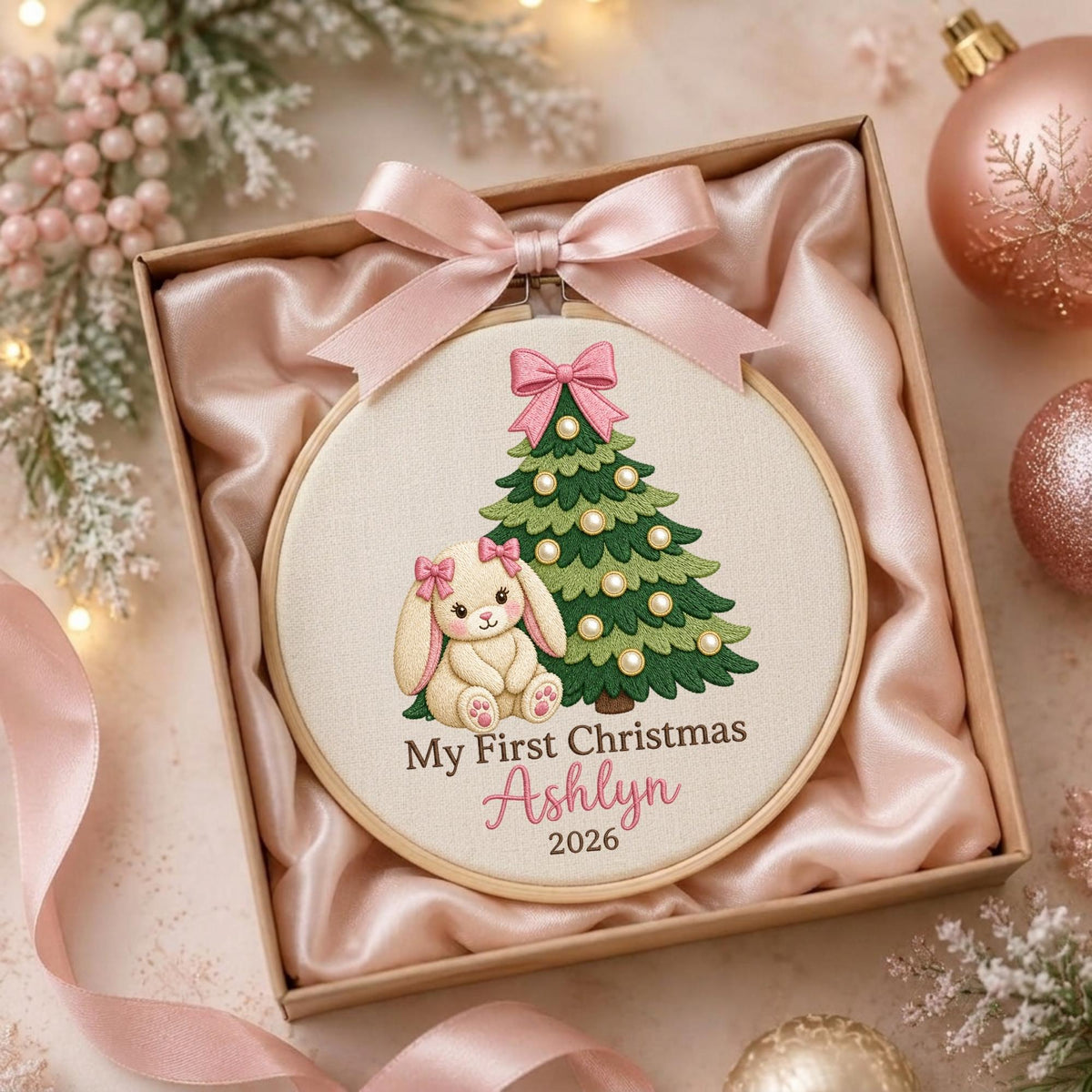 May include: A round wooden embroidery hoop ornament featuring a cream fabric background with an embroidered green Christmas tree, a cream-colored bunny with pink bows, and the text My First Christmas Ashlyn 2026, topped with a pink satin bow.