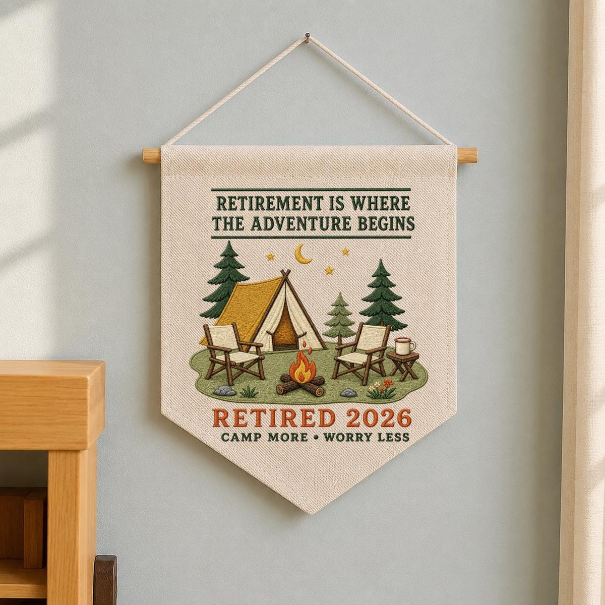 Retirement Adventure Banner, Customised Camping Scene with Beagle Dog, Cooper Name, and Retired 2026 Year - Personalised Wall Decor Gift
