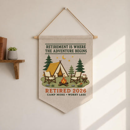 Retirement Adventure Banner, Customised Camping Scene with Beagle Dog, Cooper Name, and Retired 2026 Year - Personalised Wall Decor Gift