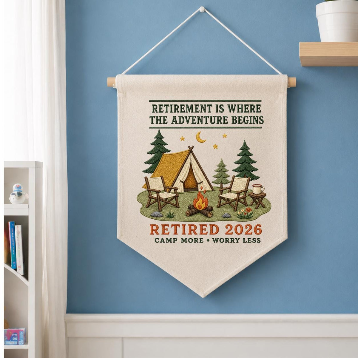 Retirement Adventure Banner, Customised Camping Scene with Beagle Dog, Cooper Name, and Retired 2026 Year - Personalised Wall Decor Gift