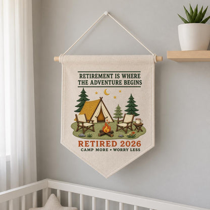 Retirement Adventure Banner, Customised Camping Scene with Beagle Dog, Cooper Name, and Retired 2026 Year - Personalised Wall Decor Gift
