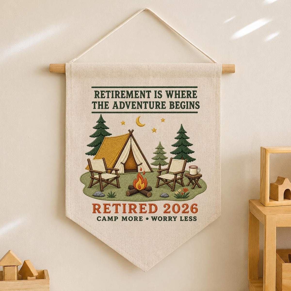 Retirement Adventure Banner, Customised Camping Scene with Beagle Dog, Cooper Name, and Retired 2026 Year - Personalised Wall Decor Gift