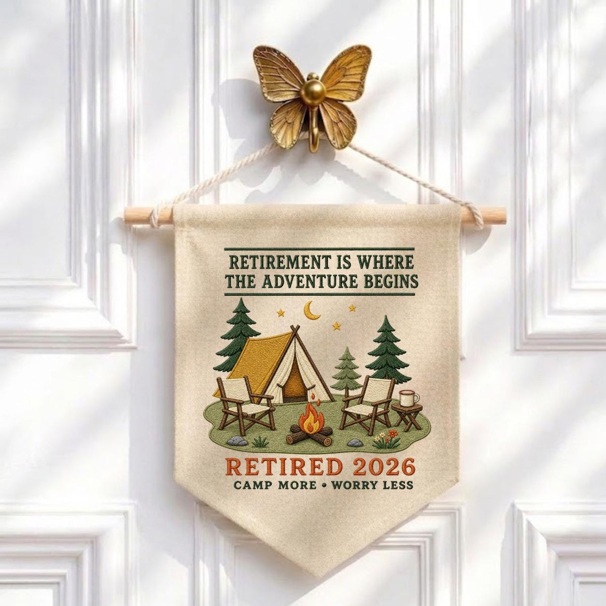Retirement Adventure Banner, Customised Camping Scene with Beagle Dog, Cooper Name, and Retired 2026 Year - Personalised Wall Decor Gift