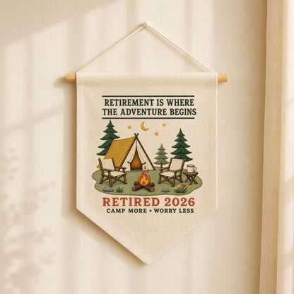 Retirement Adventure Banner, Customised Camping Scene with Beagle Dog, Cooper Name, and Retired 2026 Year - Personalised Wall Decor Gift