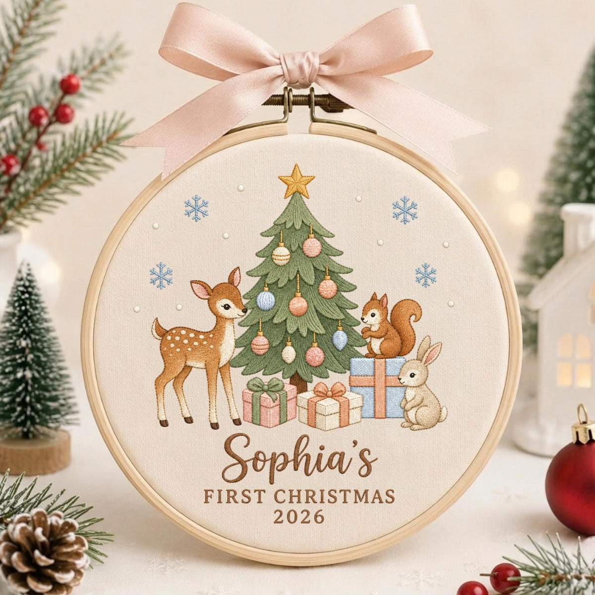 May include: A round wooden embroidery hoop featuring a cream-colored fabric with a Christmas tree, a deer, a squirrel, and a rabbit. The text reads Sophia's FIRST CHRISTMAS 2026. A light pink satin ribbon is tied to the top of the hoop.
