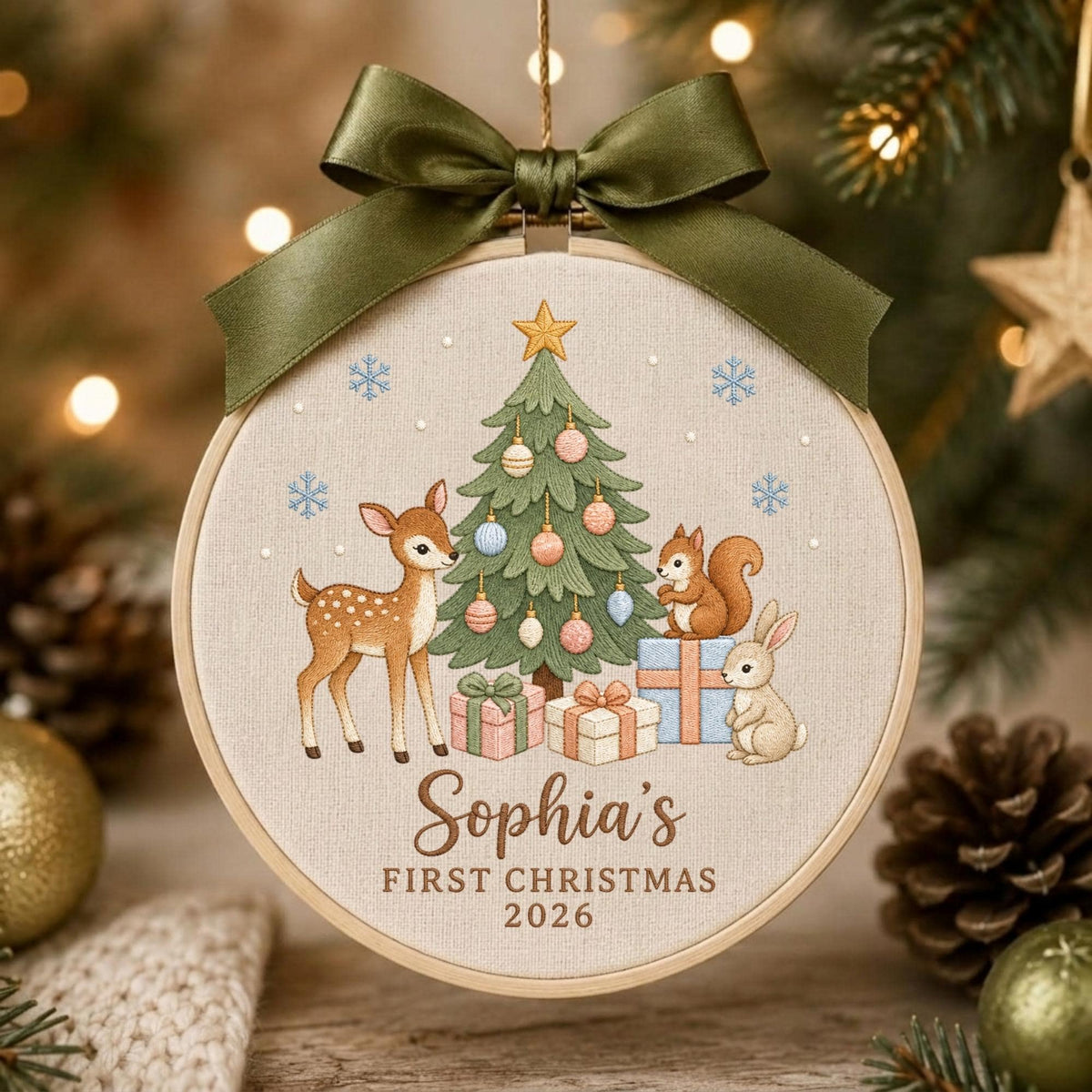 May include: A round embroidery hoop ornament featuring a beige fabric background with a printed illustration of a deer, squirrel, and rabbit near a decorated Christmas tree. The text reads Sophia's FIRST CHRISTMAS 2026. An olive green ribbon bow is attached.