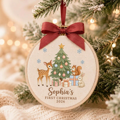 May include: A round wooden embroidery hoop ornament featuring a cream fabric center with a printed Christmas tree, a deer, a squirrel, and a rabbit. A dark red ribbon bow is tied at the top. The text reads Sophia's FIRST CHRISTMAS 2026.