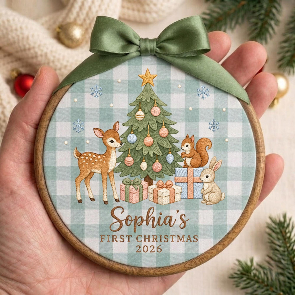 May include: A round wooden ornament featuring a light green and white buffalo check background with a decorated Christmas tree, a deer, a squirrel, and a rabbit. The text reads Sophia's FIRST CHRISTMAS 2026. A sage green satin bow is attached to the top.