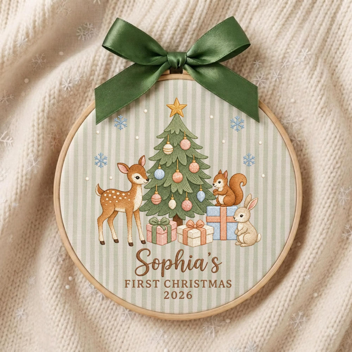 May include: A round wooden embroidery hoop ornament featuring a light green striped fabric background. The design includes a decorated Christmas tree, a deer, a squirrel, and a rabbit with gift boxes. Text reads Sophia's FIRST CHRISTMAS 2026.