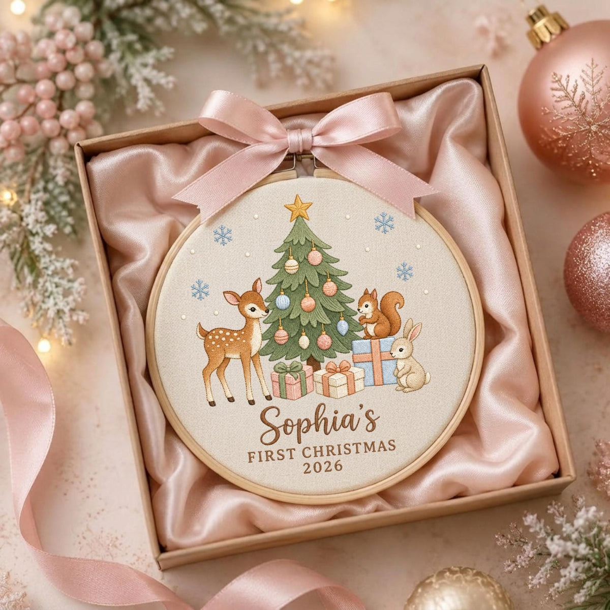 May include: A round embroidery hoop featuring a cream fabric with a printed Christmas tree, a deer, a squirrel, and a rabbit. The text reads Sophia's FIRST CHRISTMAS 2026. The hoop is topped with a light pink satin ribbon bow and nestled in a gift box.