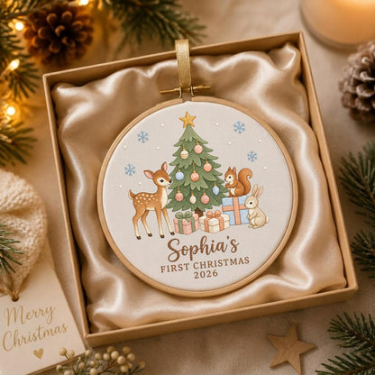May include: A round embroidery hoop ornament featuring a printed illustration of a fawn, a squirrel, and a rabbit near a decorated Christmas tree with gifts. The text reads Sophia's FIRST CHRISTMAS 2026. The ornament is nestled in a gift box.