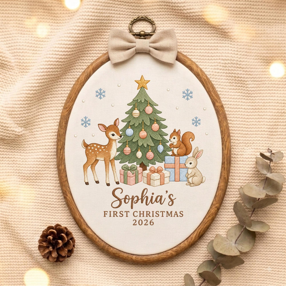 May include: An oval embroidery hoop featuring a Christmas tree, a deer, a squirrel, and a rabbit with gifts. The text reads Sophia's FIRST CHRISTMAS 2026. A beige fabric bow is attached to the top of the wooden frame, which has a metal hanging loop.