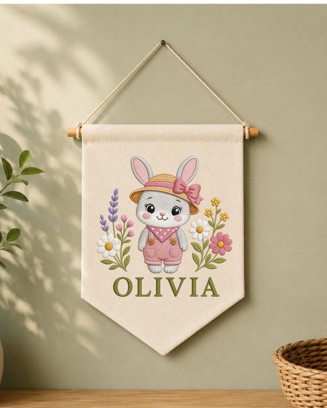 Personalized Bunny Nursery Wall Hanging, Custom Name Embroidered Banner, Floral Rabbit Baby Girl Room Decor, Spring Nursery Gift