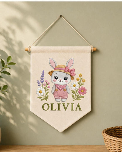 Personalized Bunny Nursery Wall Hanging, Custom Name Embroidered Banner, Floral Rabbit Baby Girl Room Decor, Spring Nursery Gift