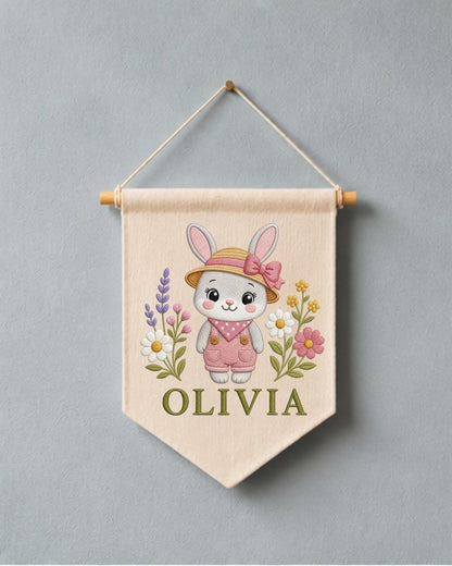 Personalized Bunny Nursery Wall Hanging, Custom Name Embroidered Banner, Floral Rabbit Baby Girl Room Decor, Spring Nursery Gift
