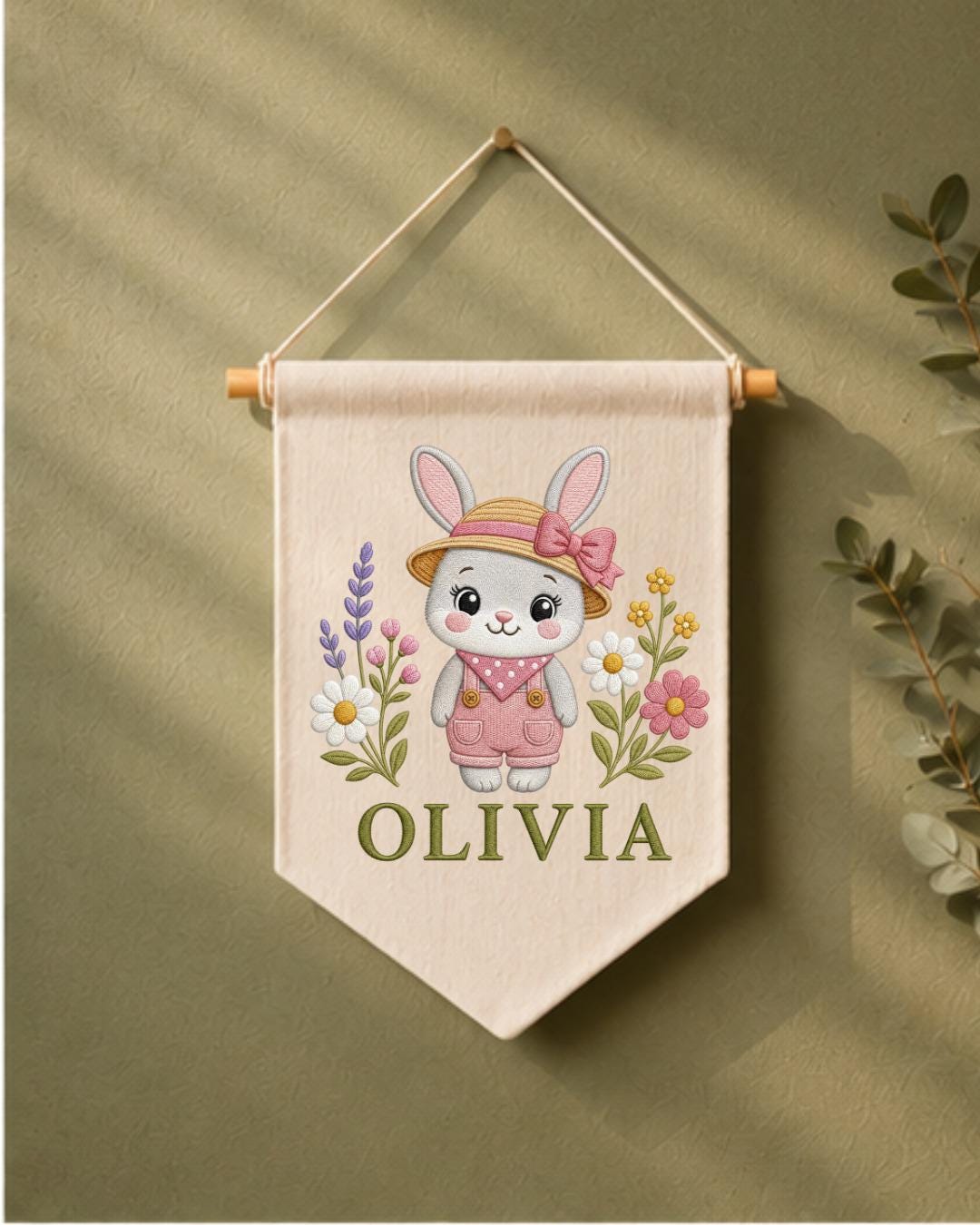 Personalized Bunny Nursery Wall Hanging, Custom Name Embroidered Banner, Floral Rabbit Baby Girl Room Decor, Spring Nursery Gift