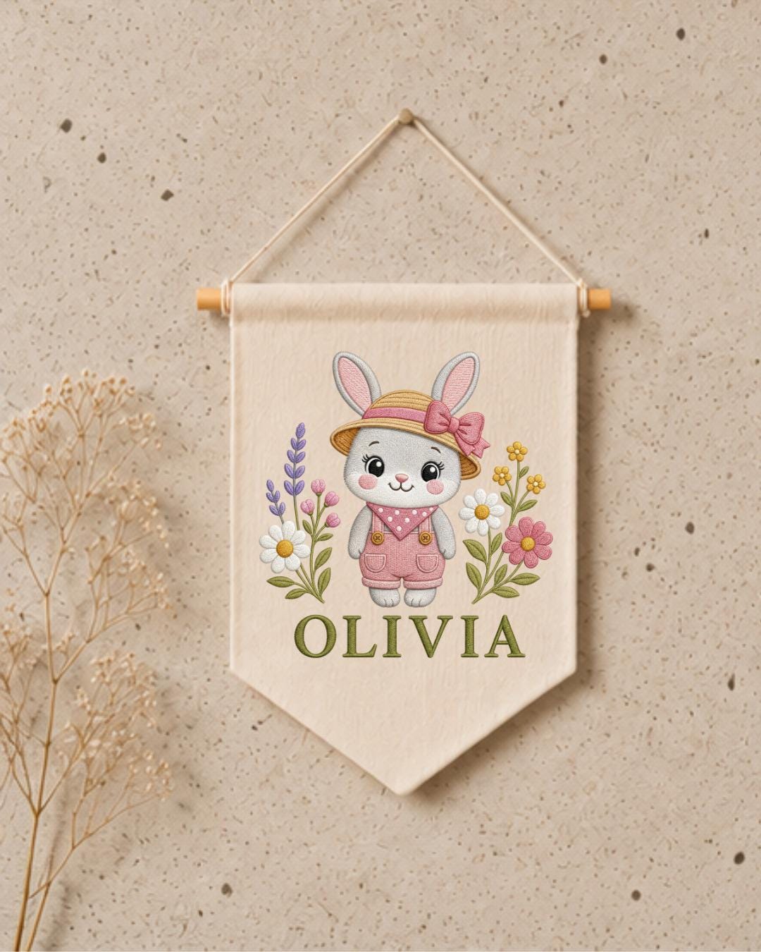 Personalized Bunny Nursery Wall Hanging, Custom Name Embroidered Banner, Floral Rabbit Baby Girl Room Decor, Spring Nursery Gift