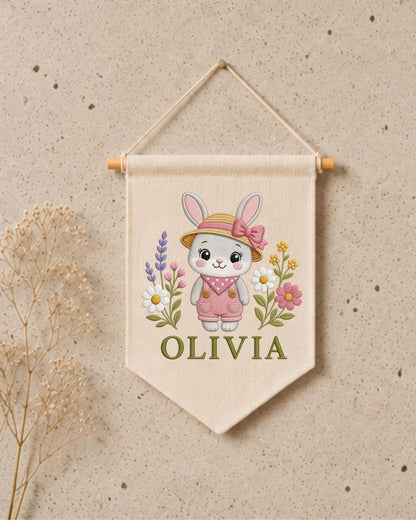 Personalized Bunny Nursery Wall Hanging, Custom Name Embroidered Banner, Floral Rabbit Baby Girl Room Decor, Spring Nursery Gift