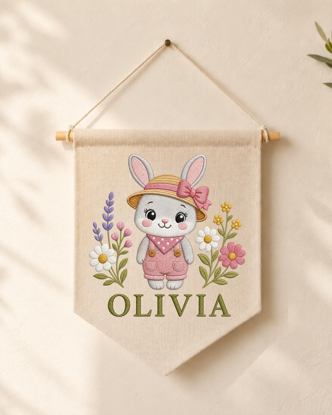 Personalized Bunny Nursery Wall Hanging, Custom Name Embroidered Banner, Floral Rabbit Baby Girl Room Decor, Spring Nursery Gift