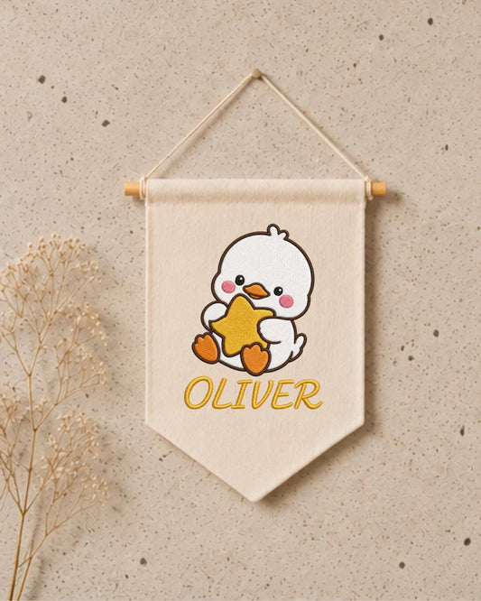 Personalized Duck Nursery Wall Hanging, Custom Name Embroidered Banner, Cute Baby Duck Star Nursery Decor, Baby Boy Room Gift