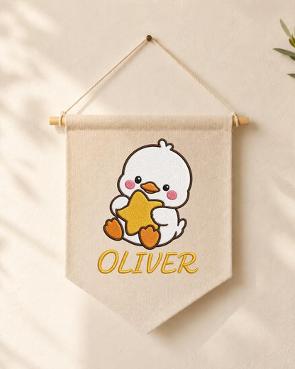 Personalized Duck Nursery Wall Hanging, Custom Name Embroidered Banner, Cute Baby Duck Star Nursery Decor, Baby Boy Room Gift