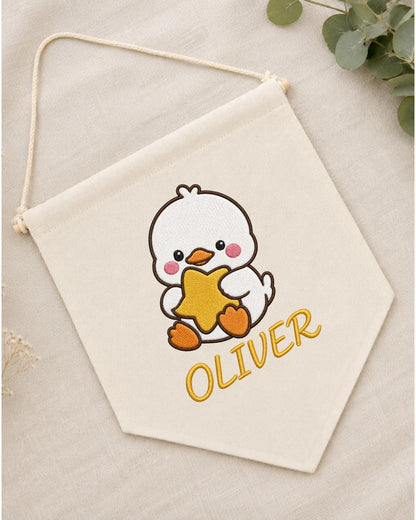 Personalized Duck Nursery Wall Hanging, Custom Name Embroidered Banner, Cute Baby Duck Star Nursery Decor, Baby Boy Room Gift