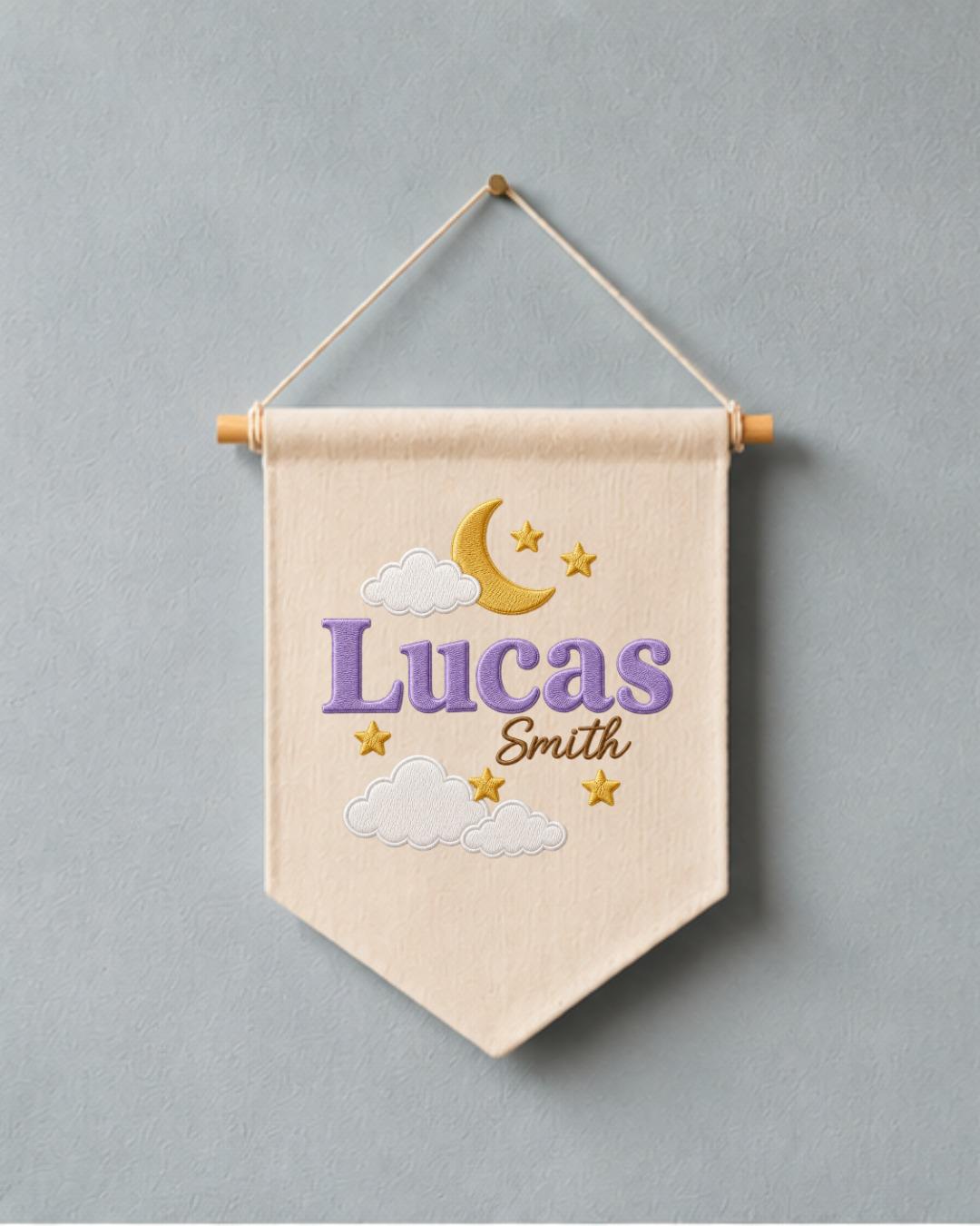 Personalized Moon and Stars Nursery Wall Hanging, Custom Name Embroidered Banner, Baby Boy Celestial Room Decor, Nursery Name Sign Gift