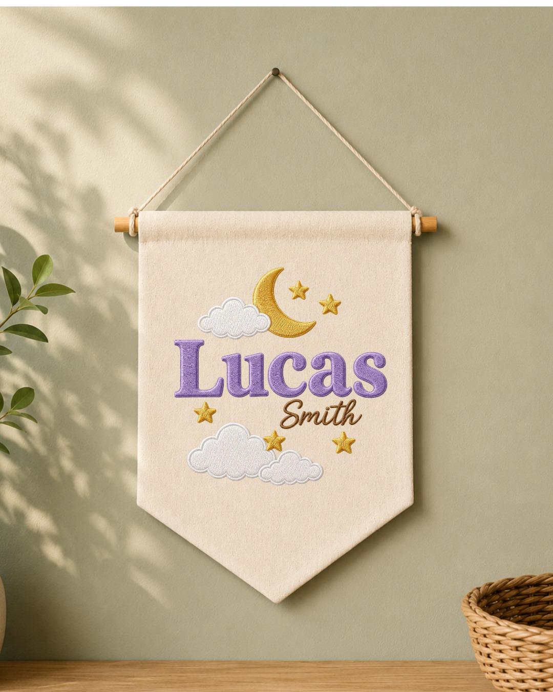 Personalized Moon and Stars Nursery Wall Hanging, Custom Name Embroidered Banner, Baby Boy Celestial Room Decor, Nursery Name Sign Gift