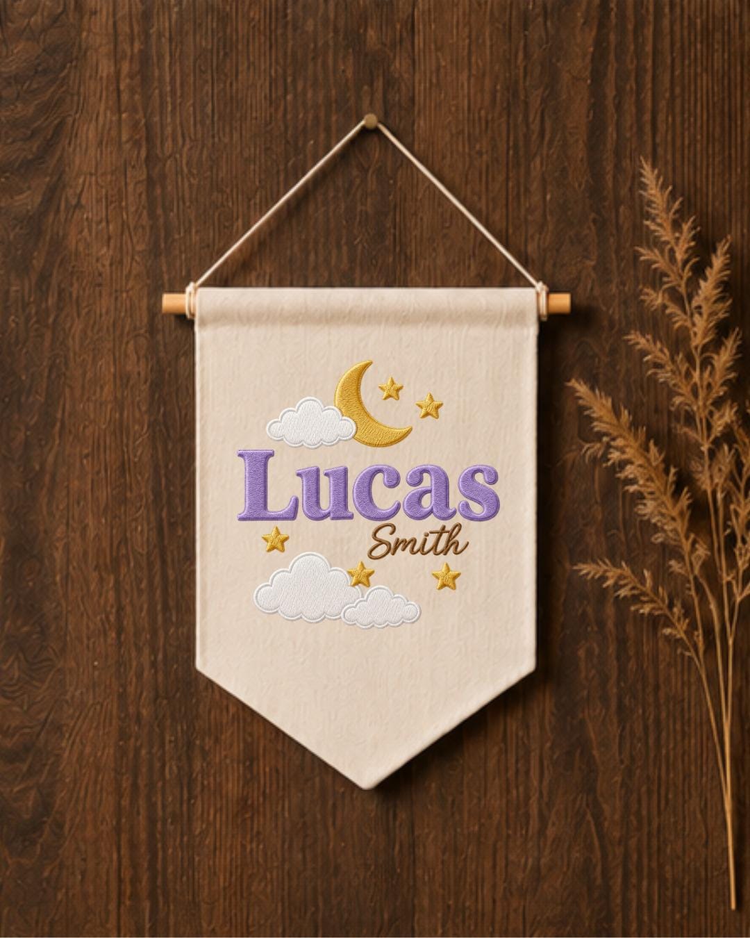 Personalized Moon and Stars Nursery Wall Hanging, Custom Name Embroidered Banner, Baby Boy Celestial Room Decor, Nursery Name Sign Gift