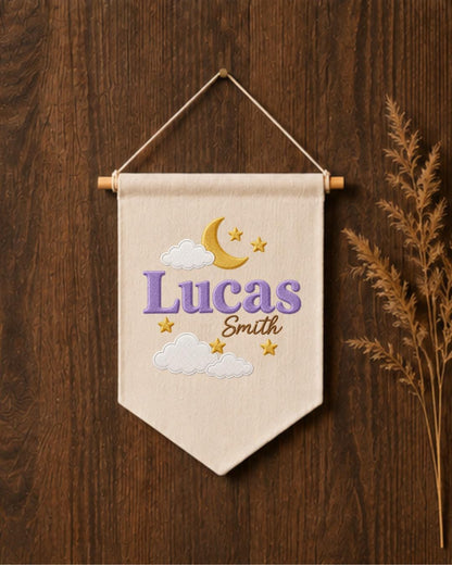Personalized Moon and Stars Nursery Wall Hanging, Custom Name Embroidered Banner, Baby Boy Celestial Room Decor, Nursery Name Sign Gift