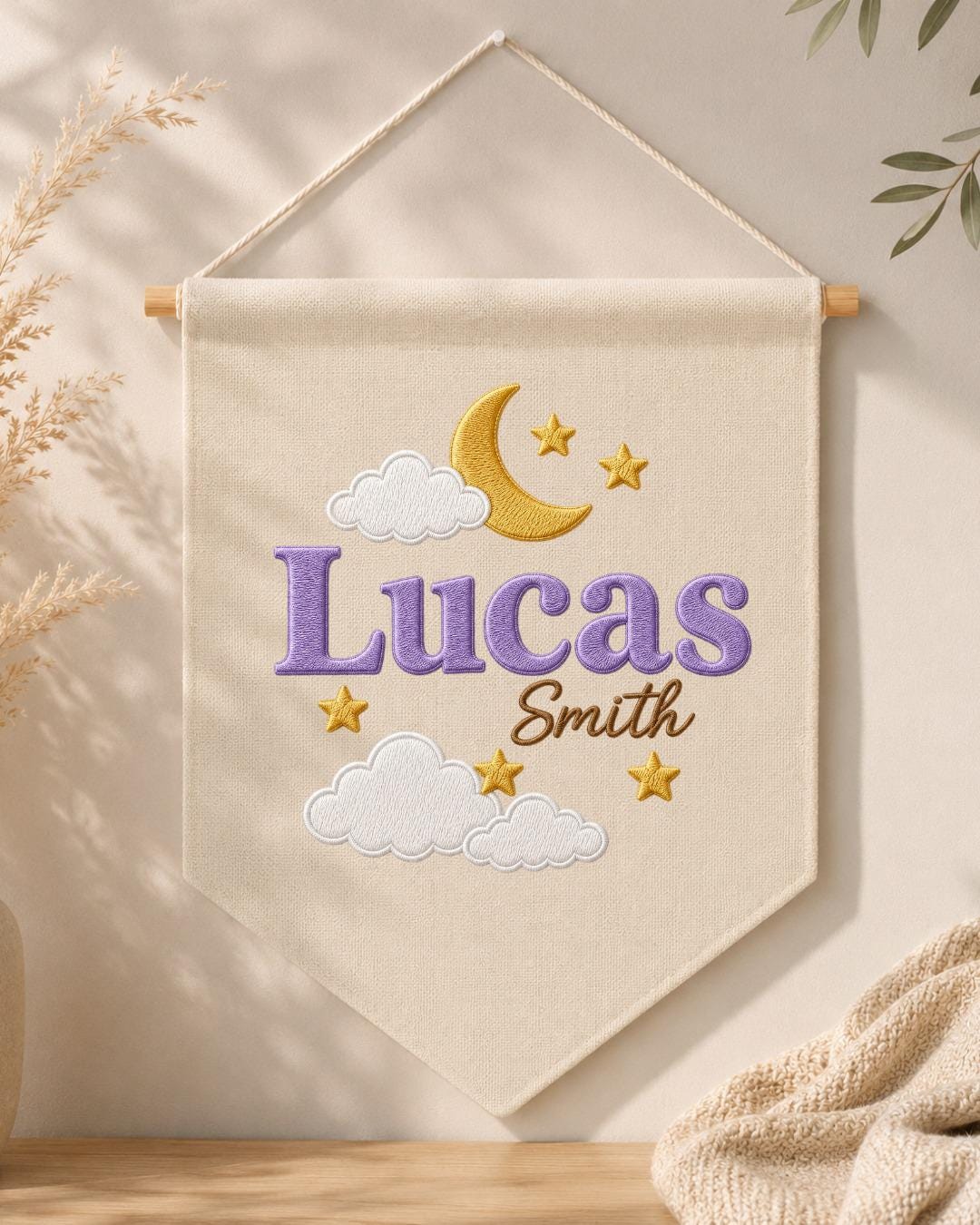 Personalized Moon and Stars Nursery Wall Hanging, Custom Name Embroidered Banner, Baby Boy Celestial Room Decor, Nursery Name Sign Gift