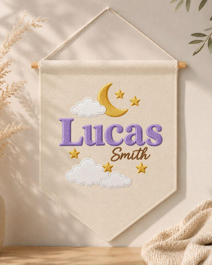 Personalized Moon and Stars Nursery Wall Hanging, Custom Name Embroidered Banner, Baby Boy Celestial Room Decor, Nursery Name Sign Gift
