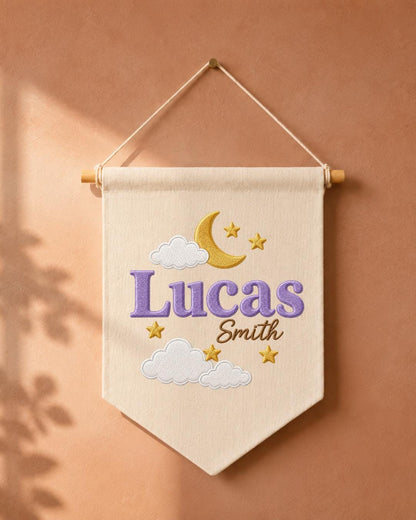 Personalized Moon and Stars Nursery Wall Hanging, Custom Name Embroidered Banner, Baby Boy Celestial Room Decor, Nursery Name Sign Gift