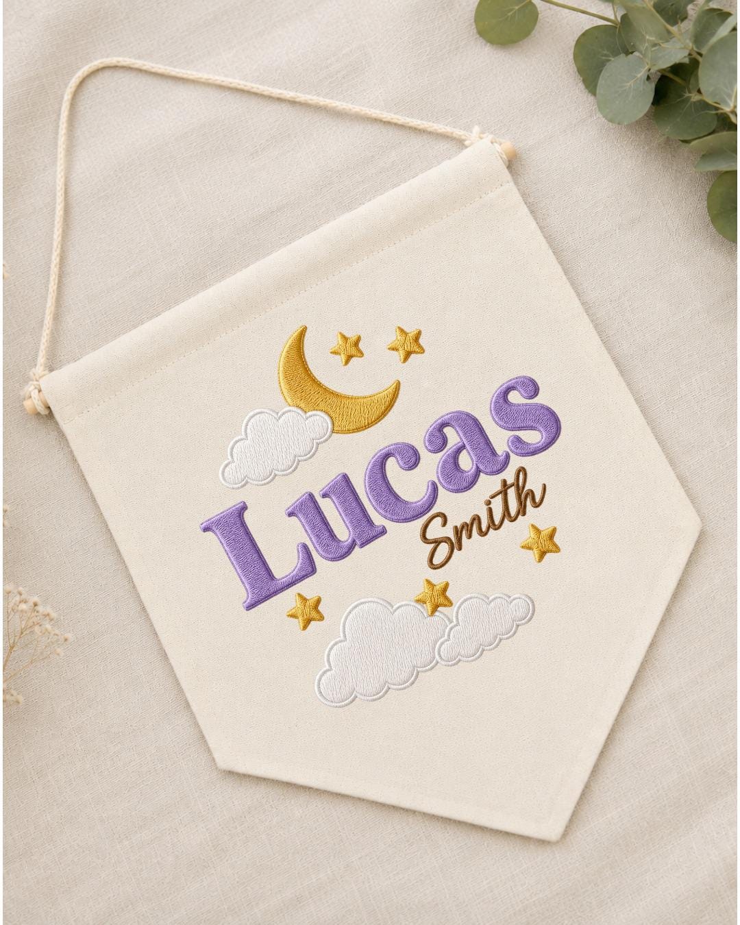 Personalized Moon and Stars Nursery Wall Hanging, Custom Name Embroidered Banner, Baby Boy Celestial Room Decor, Nursery Name Sign Gift