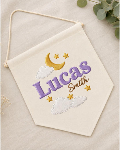 Personalized Moon and Stars Nursery Wall Hanging, Custom Name Embroidered Banner, Baby Boy Celestial Room Decor, Nursery Name Sign Gift