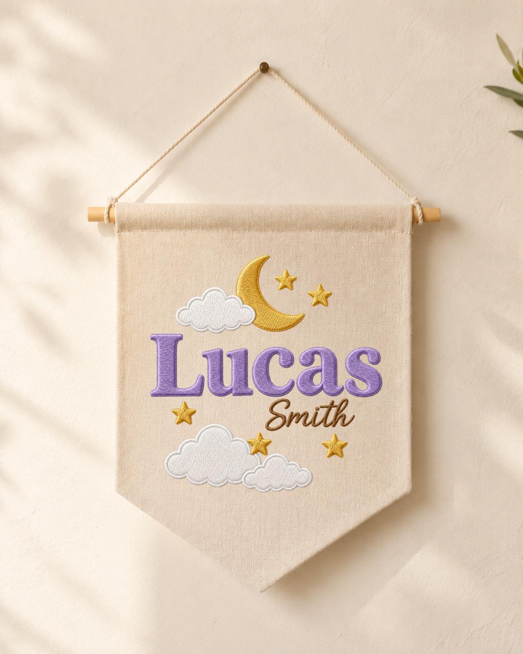 Personalized Moon and Stars Nursery Wall Hanging, Custom Name Embroidered Banner, Baby Boy Celestial Room Decor, Nursery Name Sign Gift
