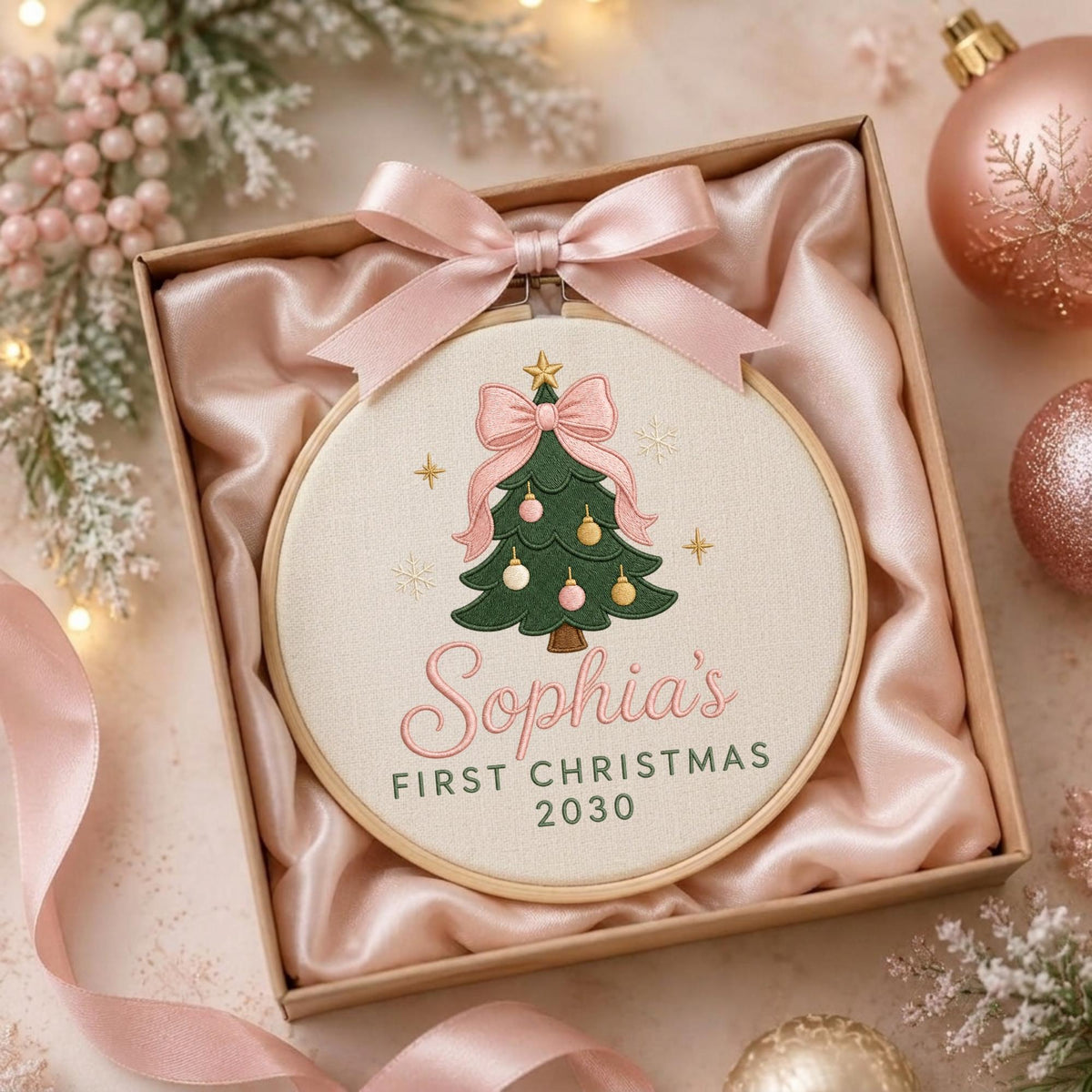 May include: A round wooden embroidery hoop containing cream fabric with a stitched green Christmas tree, pink bow, and ornaments. The text reads Sophia's FIRST CHRISTMAS 2030. A pink satin ribbon is tied to the top of the hoop inside a gift box.