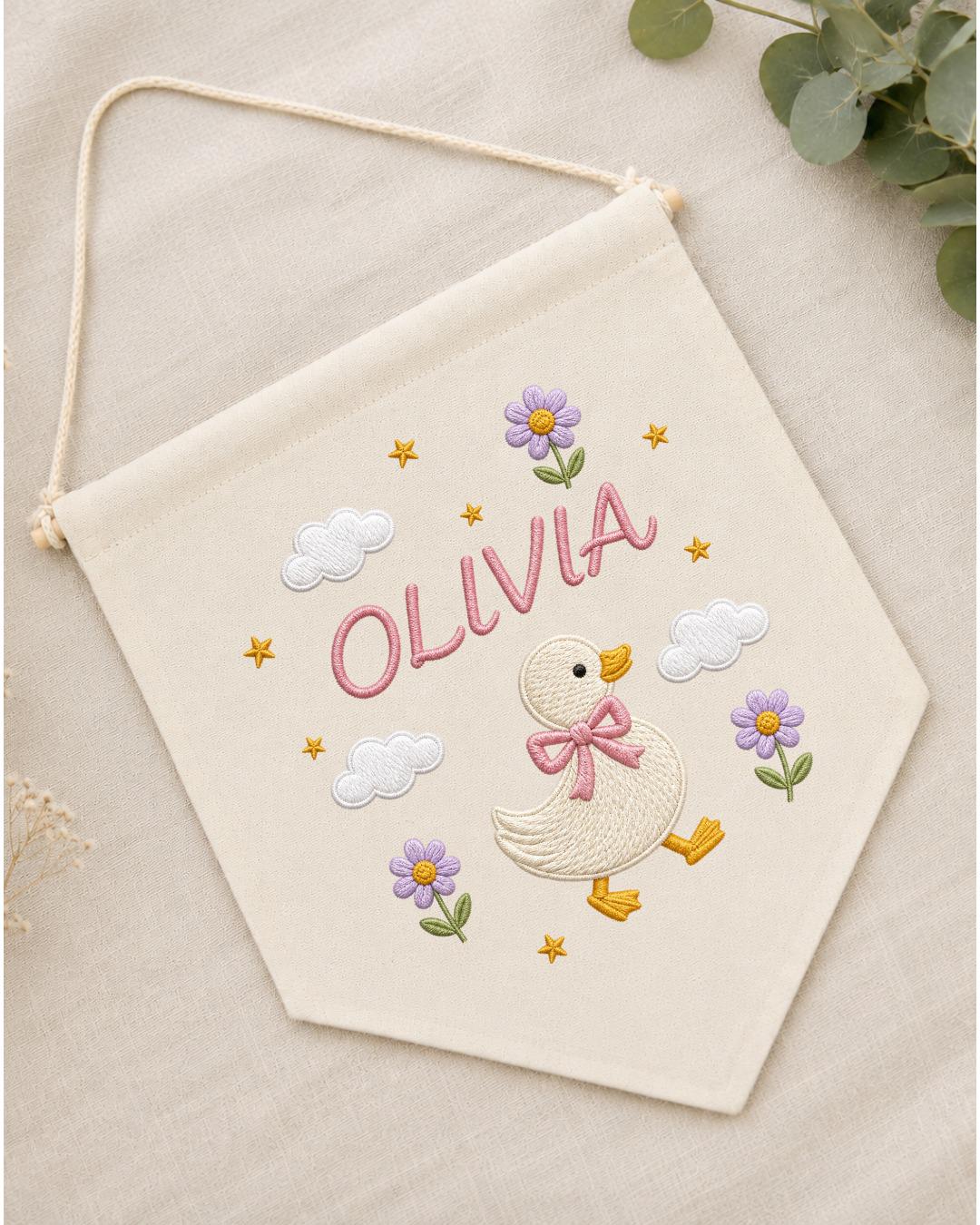 Personalized Goose Nursery Wall Hanging, Custom Name Embroidered Banner, Floral Duck Baby Girl Room Decor, Cute Nursery Gift