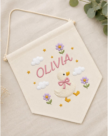 Personalized Goose Nursery Wall Hanging, Custom Name Embroidered Banner, Floral Duck Baby Girl Room Decor, Cute Nursery Gift