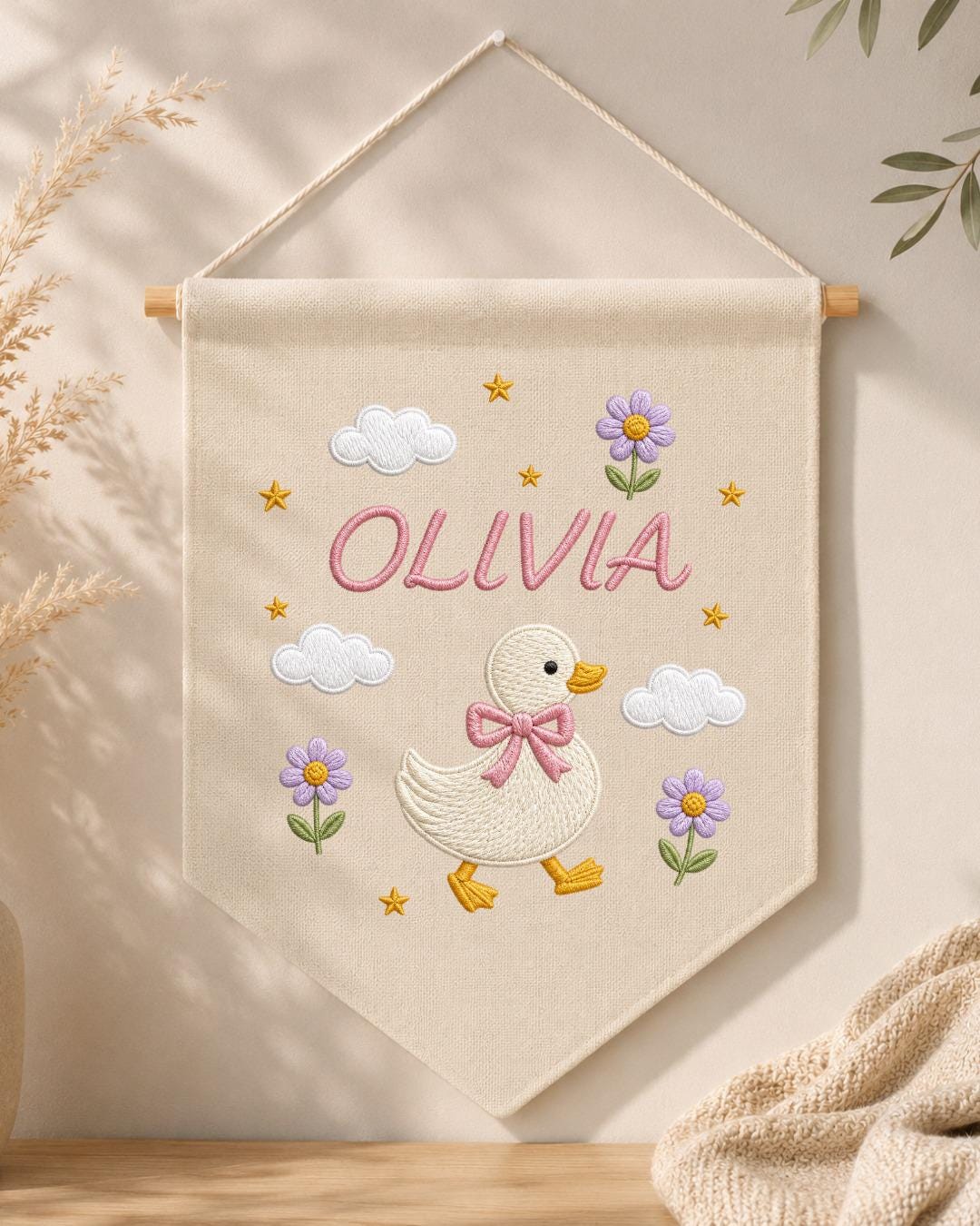 Personalized Goose Nursery Wall Hanging, Custom Name Embroidered Banner, Floral Duck Baby Girl Room Decor, Cute Nursery Gift
