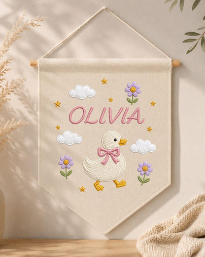 Personalized Goose Nursery Wall Hanging, Custom Name Embroidered Banner, Floral Duck Baby Girl Room Decor, Cute Nursery Gift